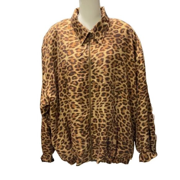 Fern Bratten Vtg Full Zip Collared Silk Shirt Jacket Leopard Animal Print 3X